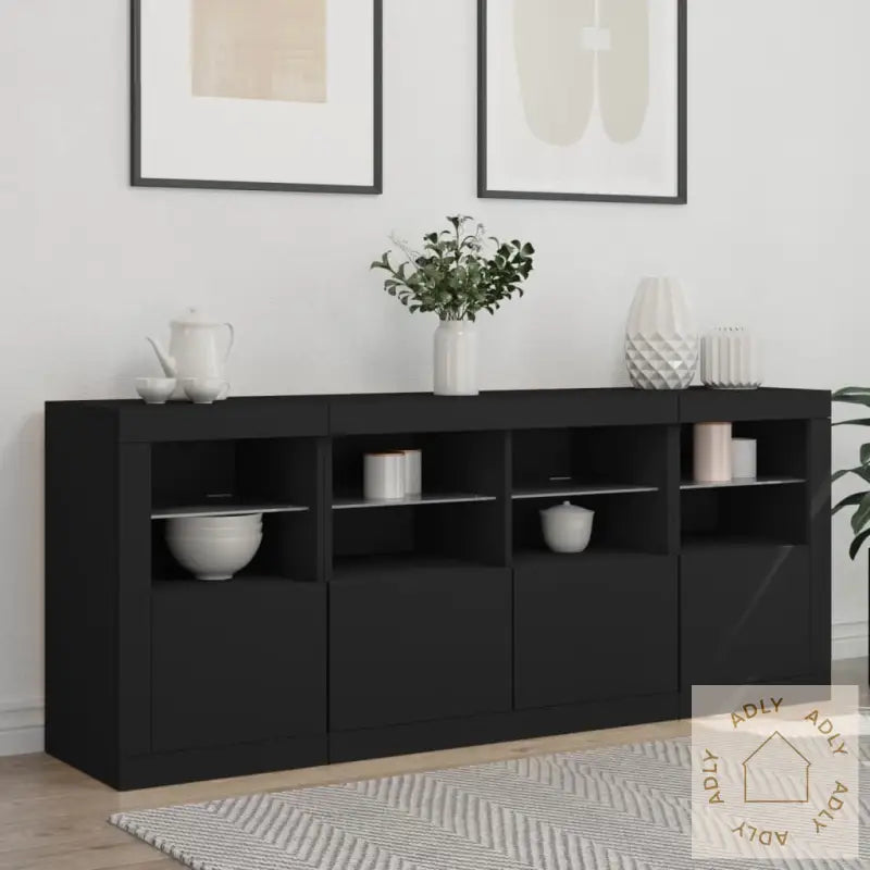 Skjenk Med Led-Lys Svart 163X37X67 Cm