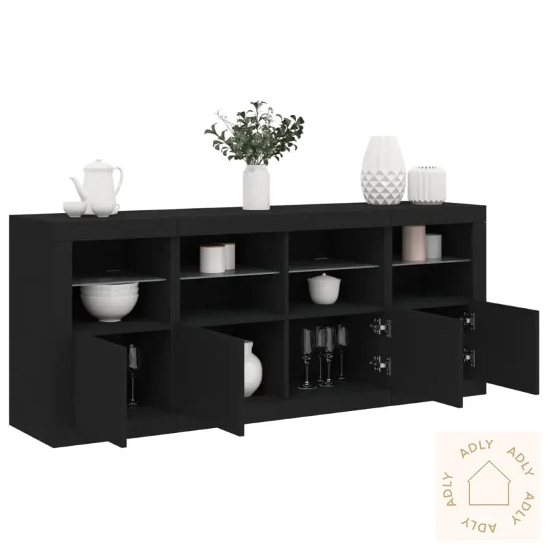 Skjenk Med Led-Lys Svart 163X37X67 Cm