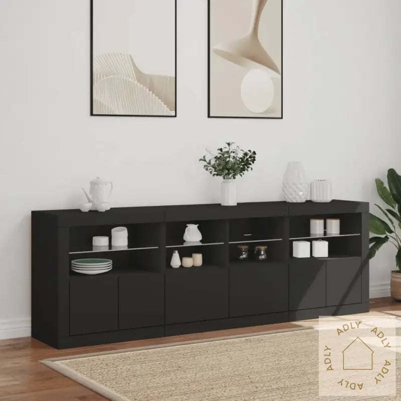 Skjenk Med Led-Lys Svart 202X37X67 Cm