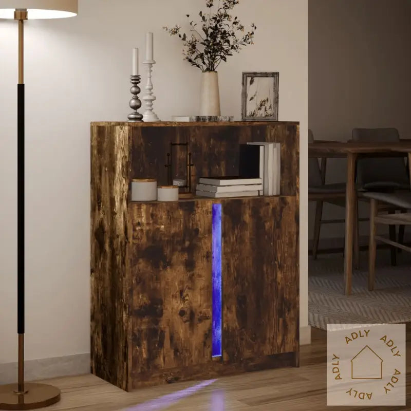 Skjenk Med Led Røkt Eik 77X34X100 Cm Konstruert Tre