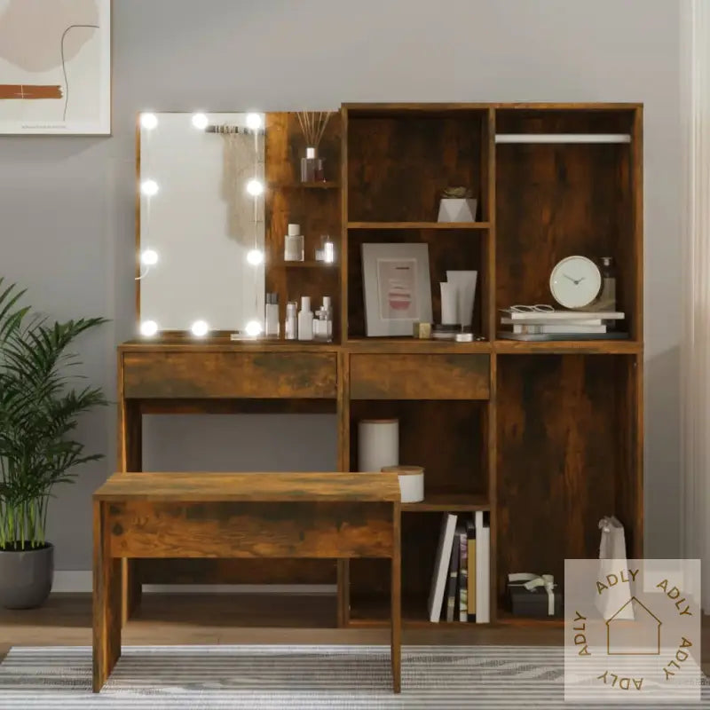 Sminkebordsett Med Led Røkt Eik Konstruert Tre