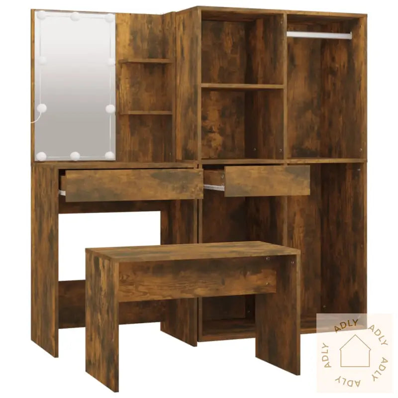 Sminkebordsett Med Led Røkt Eik Konstruert Tre