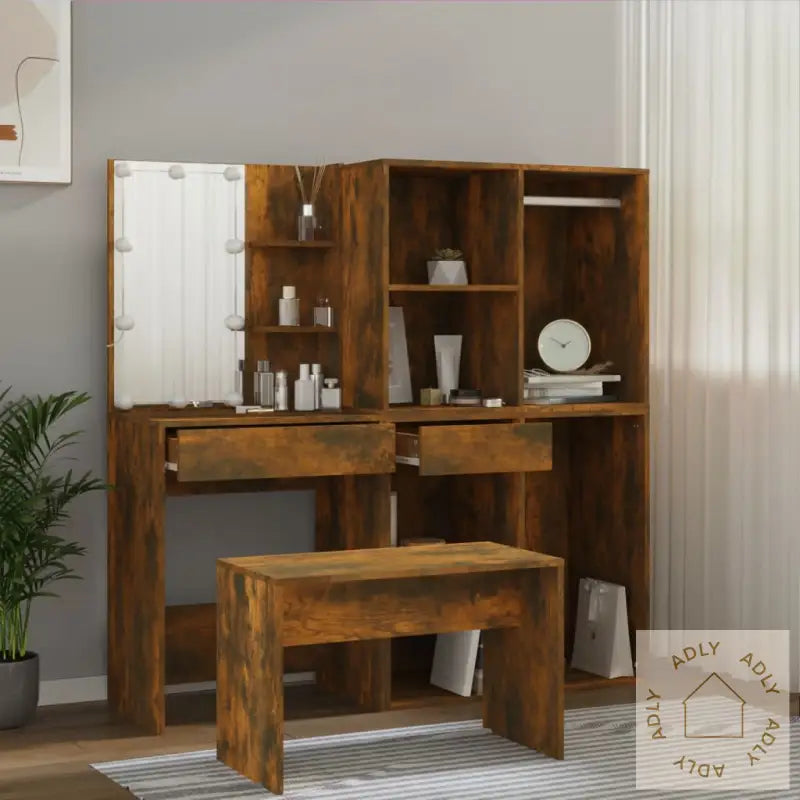 Sminkebordsett Med Led Røkt Eik Konstruert Tre