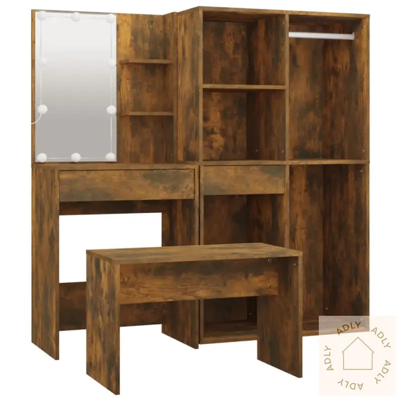 Sminkebordsett Med Led Røkt Eik Konstruert Tre