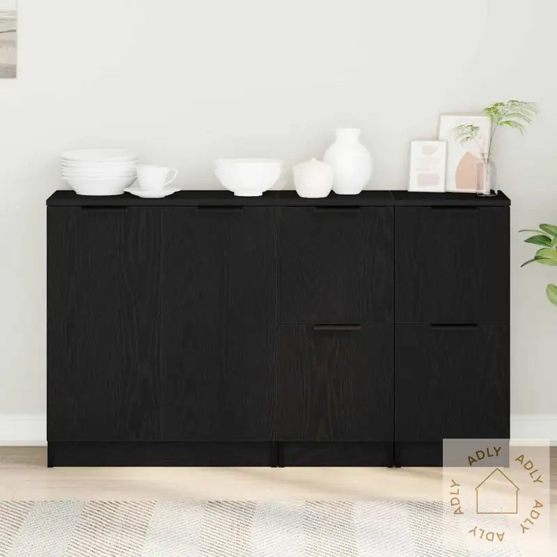 Sideboards 3 Stk Svart Eikebelagt Tre