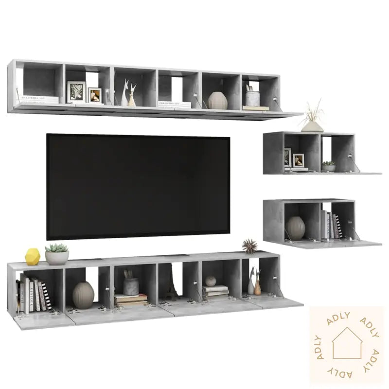 Tv-Benker 8 Deler Betonggrå Konstruert Tre