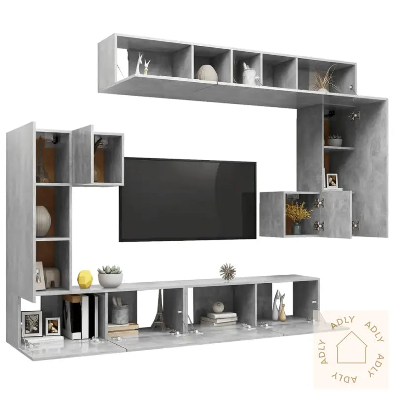 Tv-Skapsett 8 Deler Betonggrå Konstruert Tre