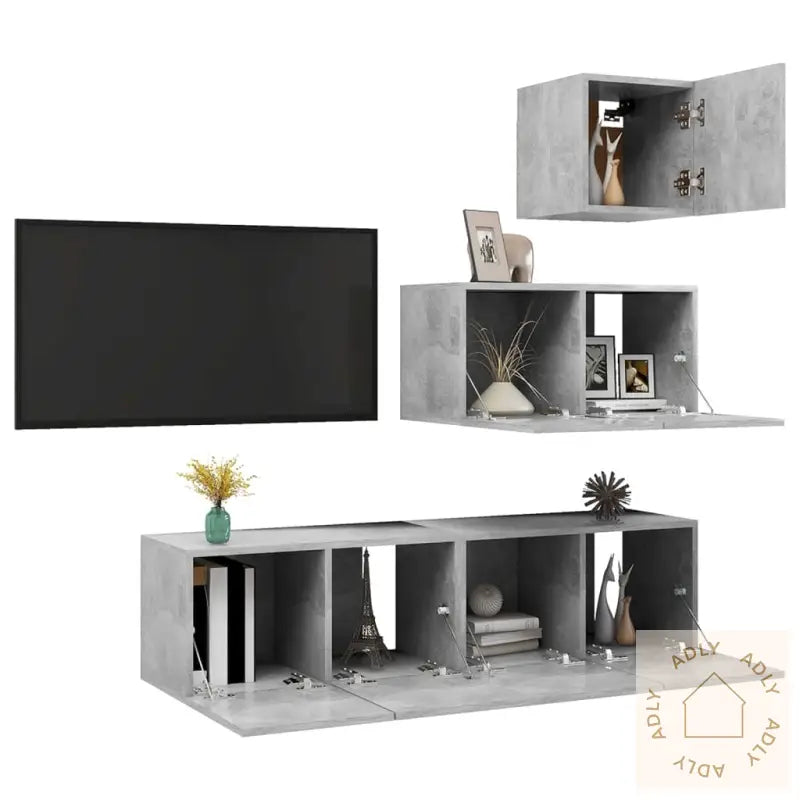 Tv-Benksett 4 Deler Betonggrå Konstruert Tre