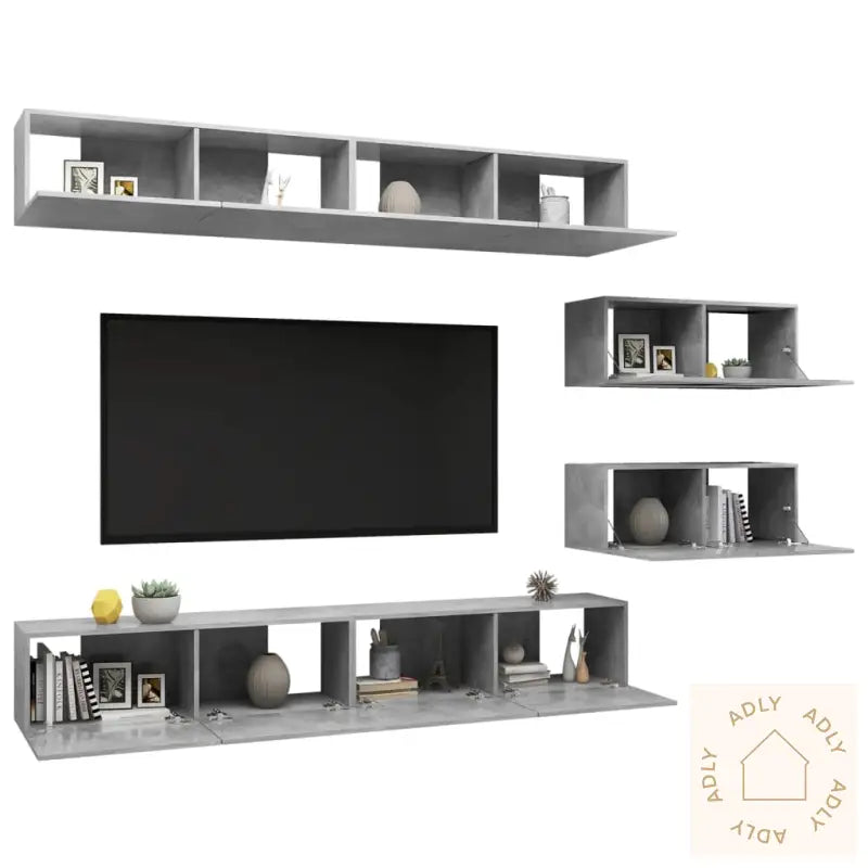 Tv-Benksett 6 Deler Betonggrå Konstruert Tre