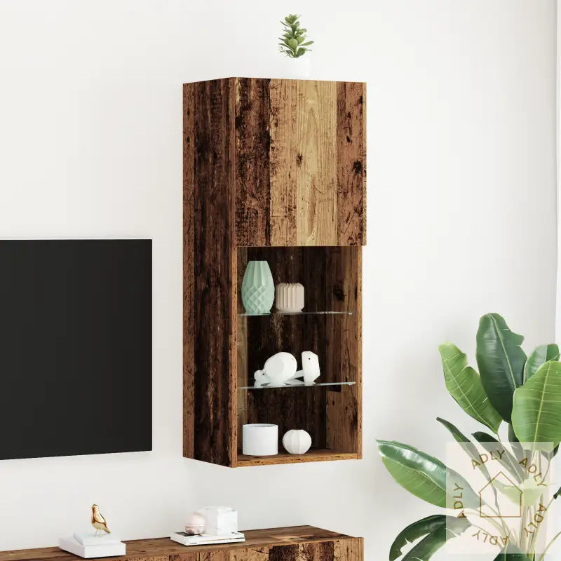 Tv-Benk Med Led-Lys I Gammelt Tre 40,5X30X102 Cm