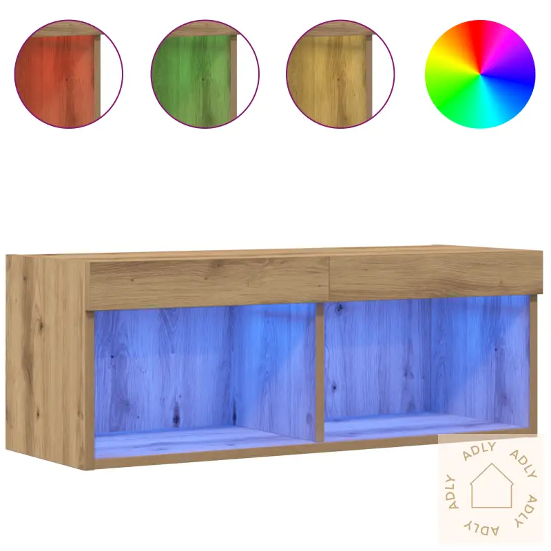 Tv Veggskap Med Led-Lamper 2 Stk Kunstig Eik 80X30X30 Cm