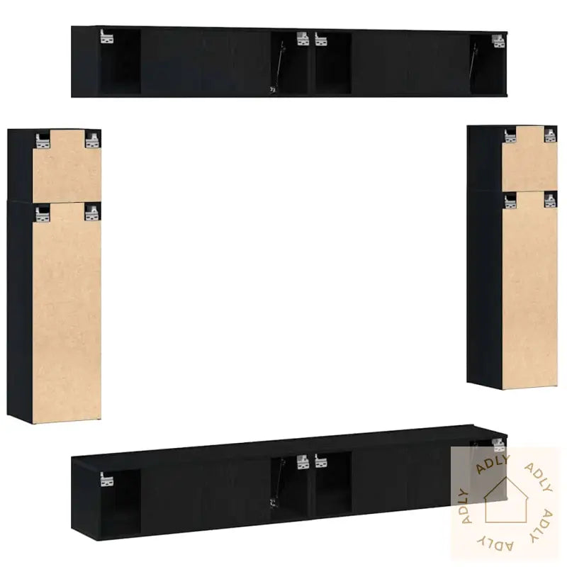 8-Delt Tv-Kabinettsett - Veggmontert Svart Eik, Ingeniørtre