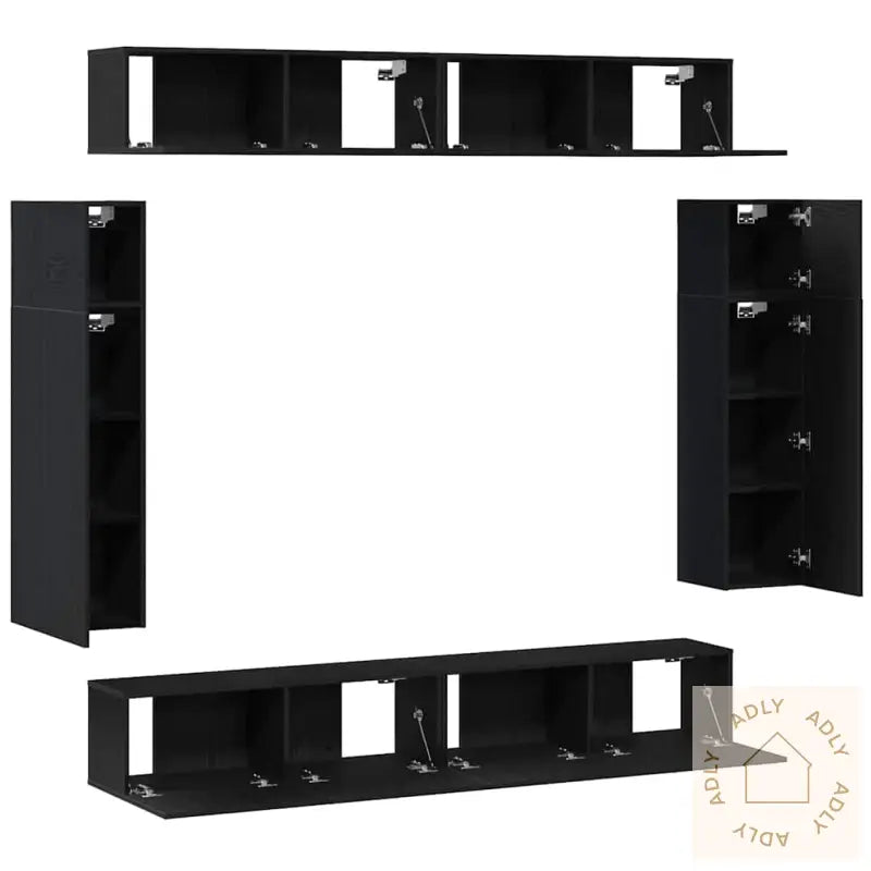 8-Delt Tv-Kabinettsett - Veggmontert Svart Eik, Ingeniørtre