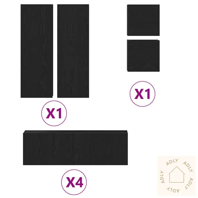 8-Delt Tv-Kabinettsett - Veggmontert Svart Eik, Ingeniørtre