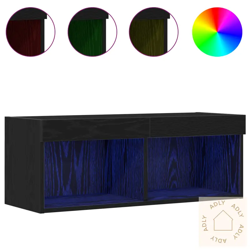 Tv Veggskap Med Led Lys 2 Stk Svart Eik 80X30X30 Cm