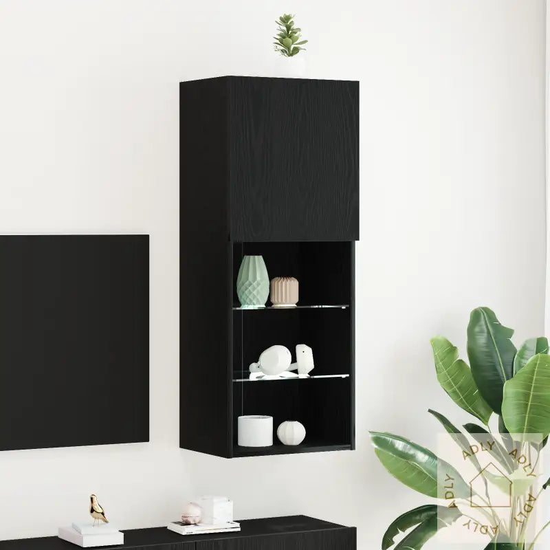 Tv-Benk Med Led-Lamper Svart Eik 40,5X30X102 Cm