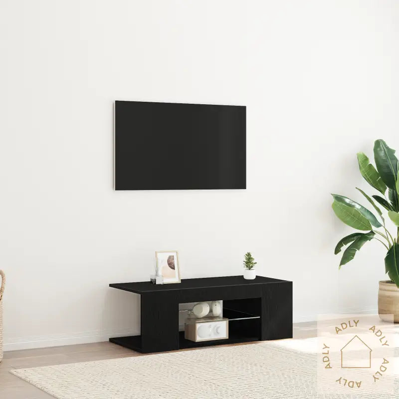 Tv-Benk Med Led-Lamper, Svart Eik, 90X39X30 Cm, Laget Av Tre