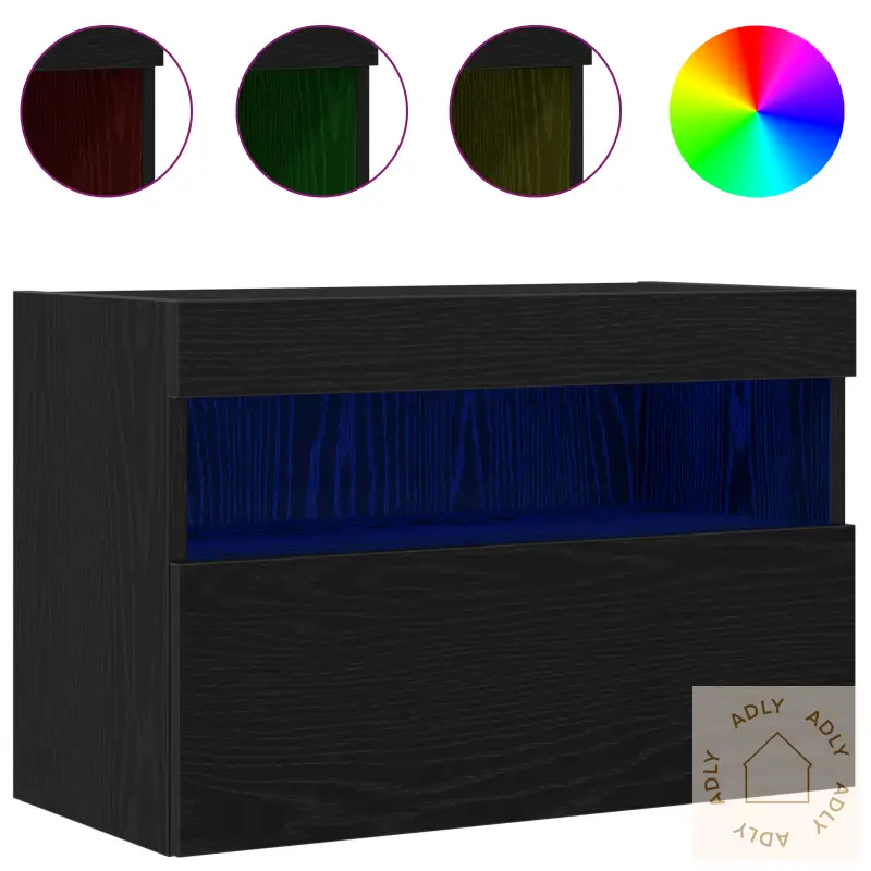 Tv Veggskap Med Led-Lys Svart Eik 60X30X40 Cm