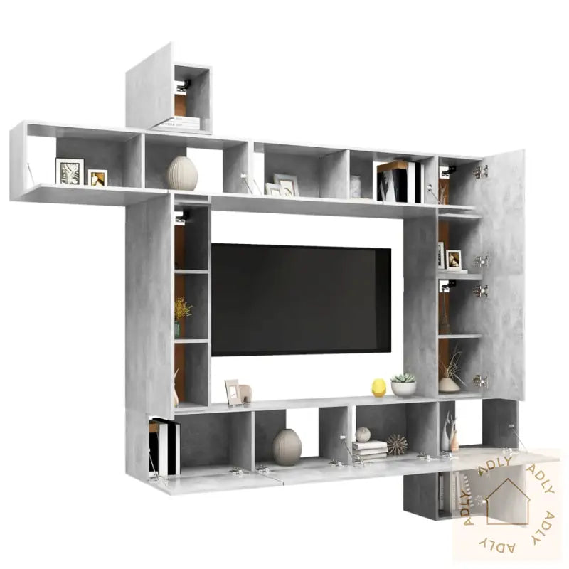 Tv-Benksett 9 Deler Betonggrå Konstruert Tre