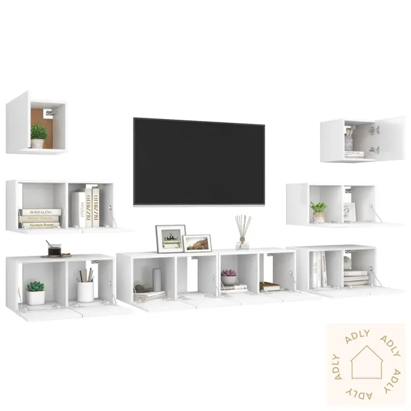 Tv-Benksett 8 Deler Hvit Konstruert Tre