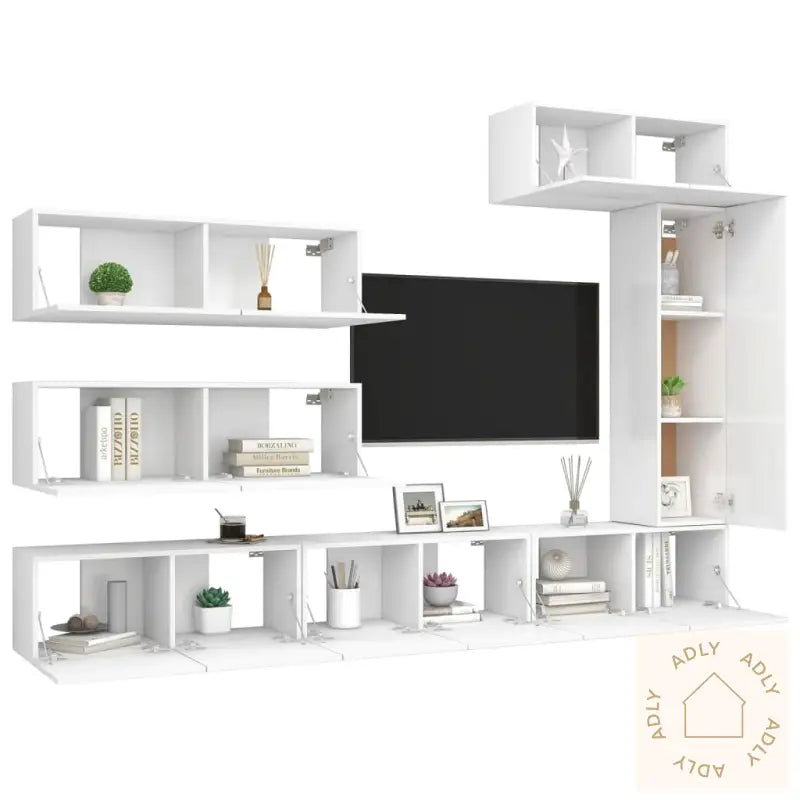 Tv-Benksett 7 Deler Hvit Konstruert Tre