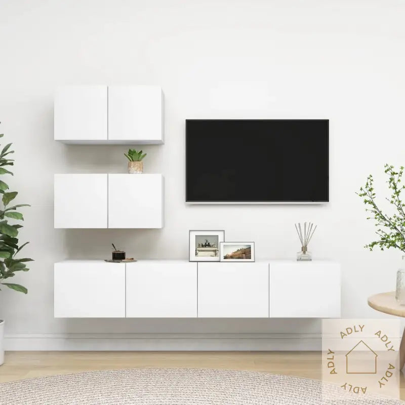 Tv-Benksett 4 Deler Hvit Konstruert Tre