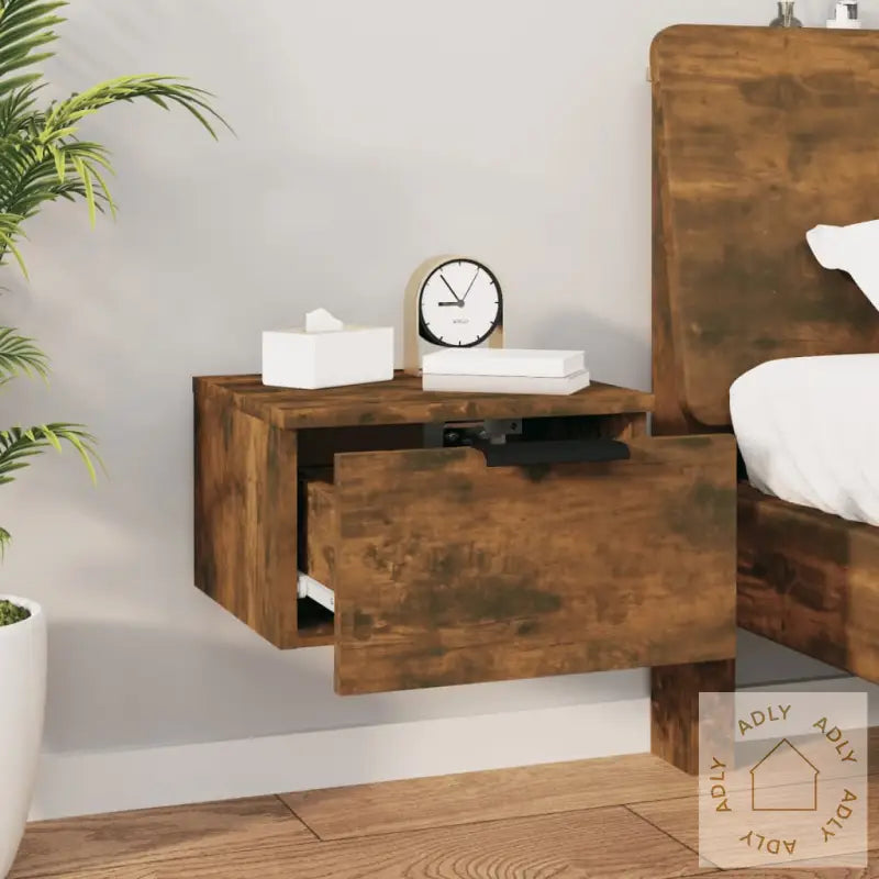 Veggmonterte Nattbord 2 Stk Røkt Eik 34X30X20 Cm