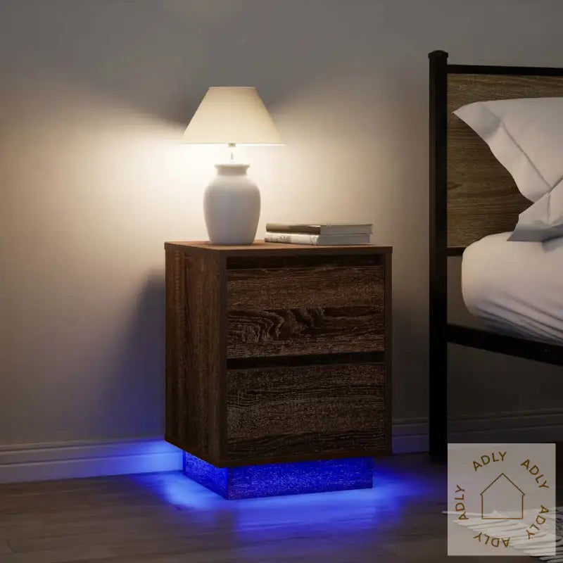 Nattskap Med Led-Lys 2 Stk Brun Eik 38X34X50 Cm