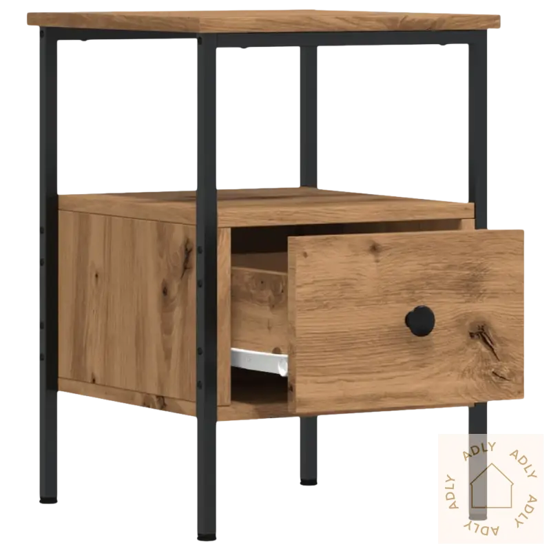 Nattbord i artisan eik med justerbare føtter og svart metallramme