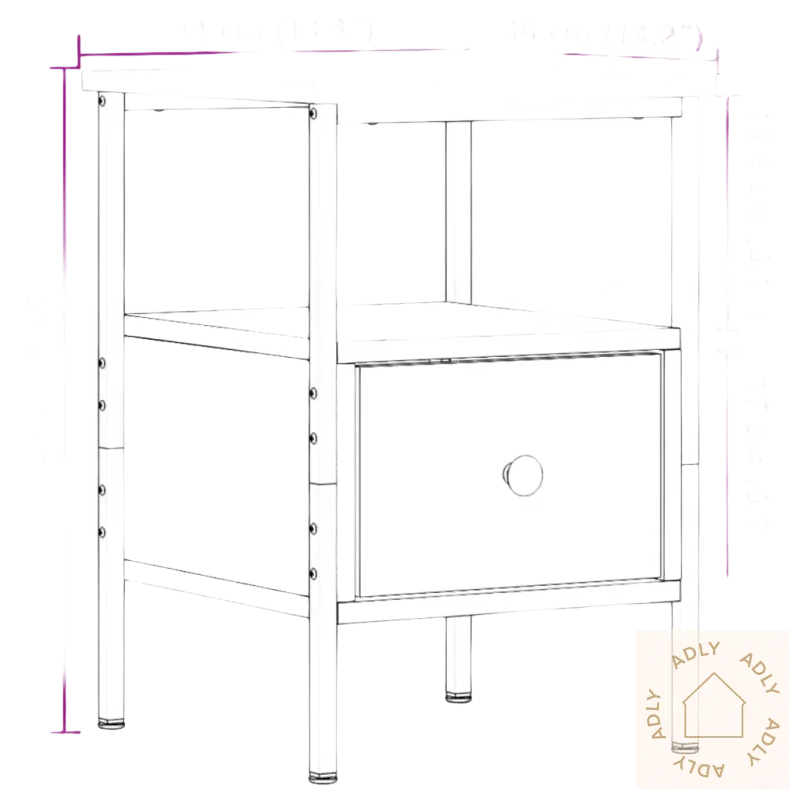Nightstand i artisan eik med justerbare føtter og dimensjoner for hagemøblerbruk