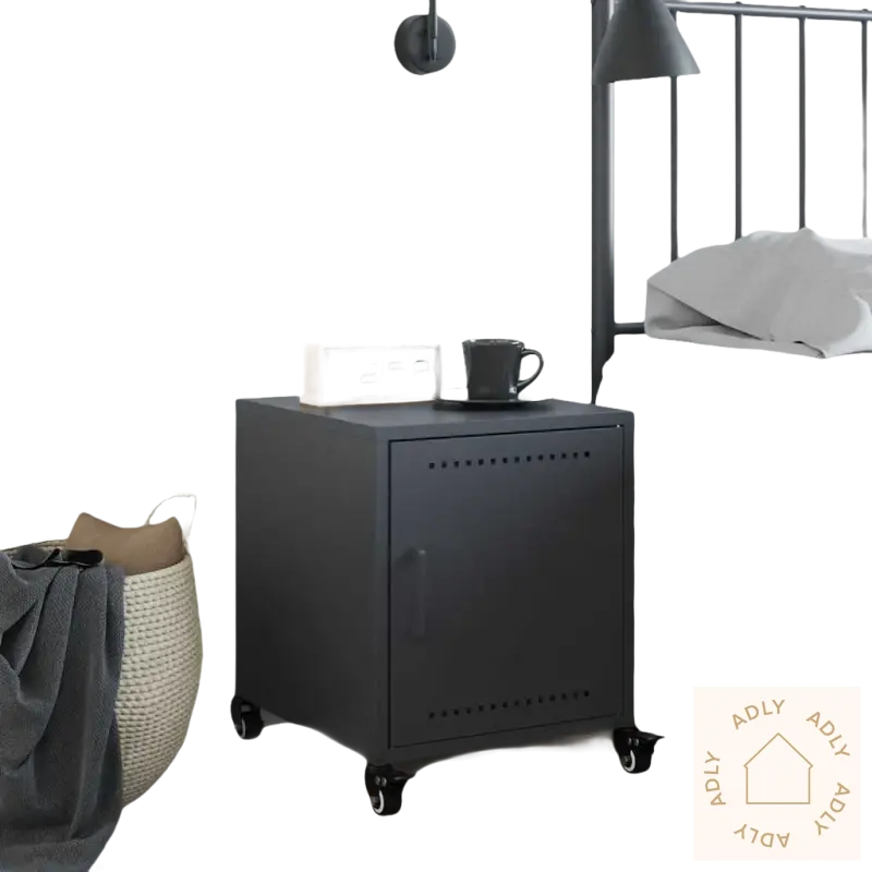 Dark gray metallskap med hjul, laget av kaldvalset stål til møbler til hjemmet