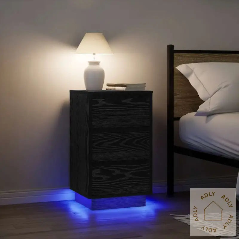 Nattbord Med Led-Lys Svart 38X34X65 Cm
