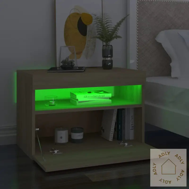 Nattbord Med Led-Lys Sonoma Eik 60X35X40 Cm Konstruert Tre