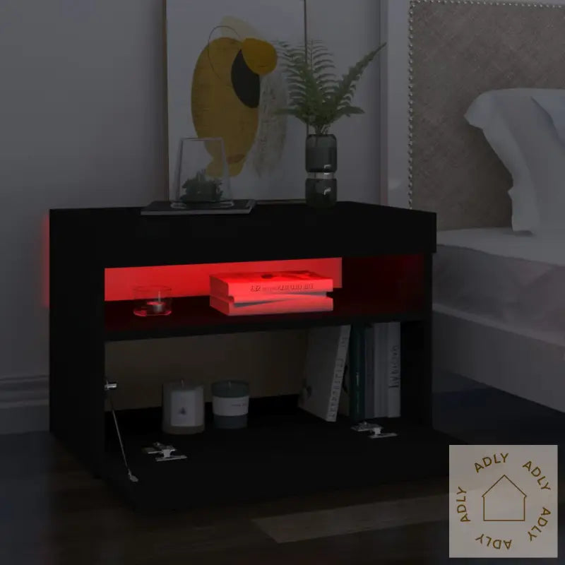 Nattbord Med Led-Lys 2 Stk Svart 60X35X40 Cm Konstruert Tre