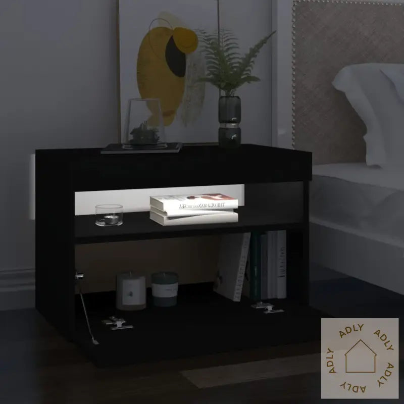 Nattbord Med Led-Lys 2 Stk Svart 60X35X40 Cm Konstruert Tre