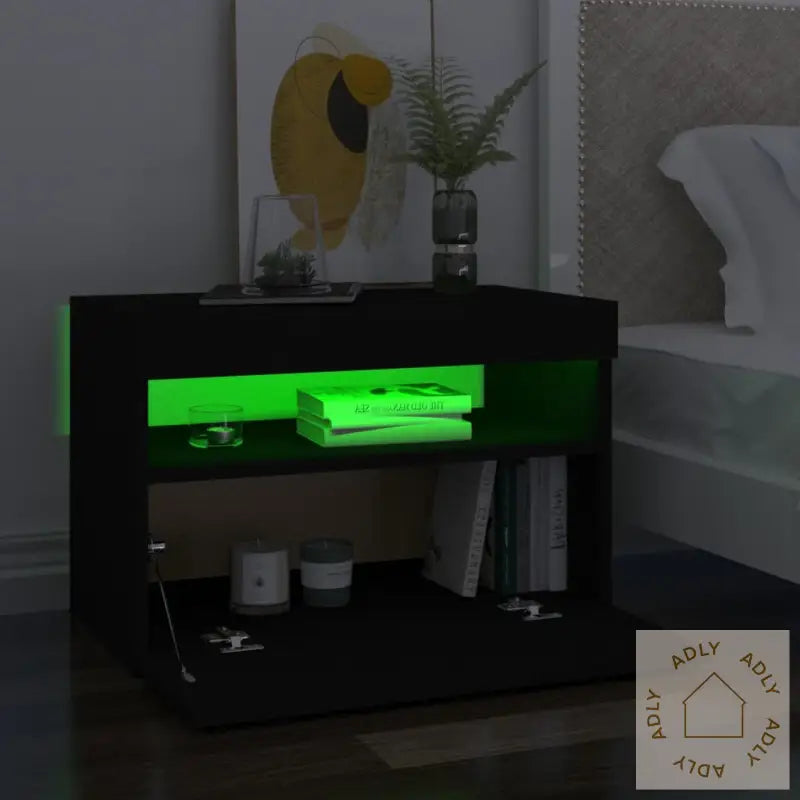 Nattbord Med Led-Lys 2 Stk Svart 60X35X40 Cm Konstruert Tre