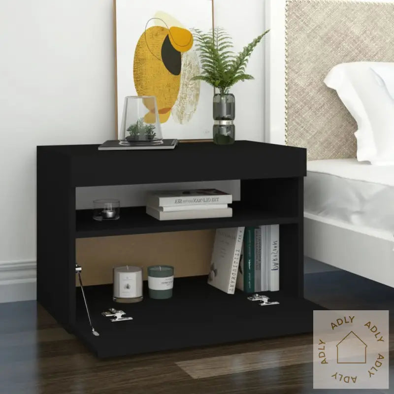 Nattbord Med Led-Lys 2 Stk Svart 60X35X40 Cm Konstruert Tre