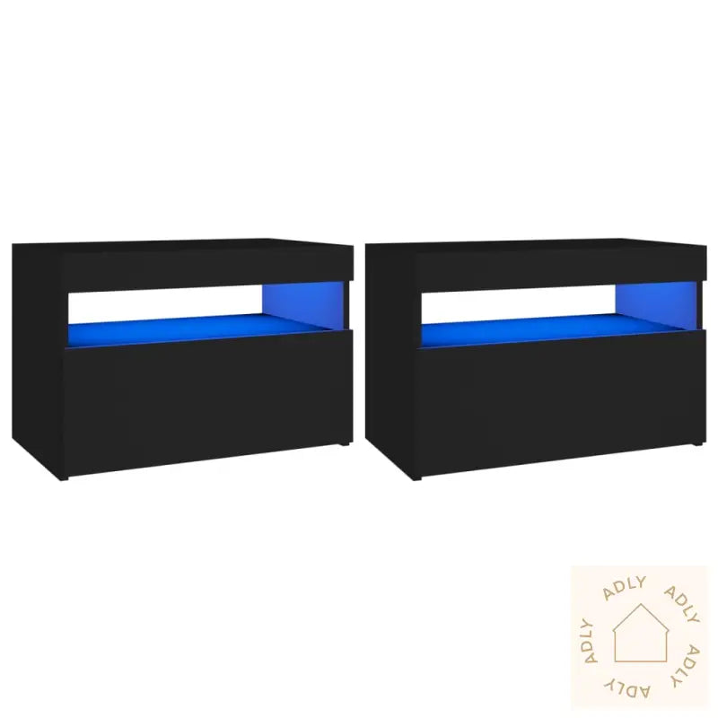 Nattbord Med Led-Lys 2 Stk Svart 60X35X40 Cm Konstruert Tre