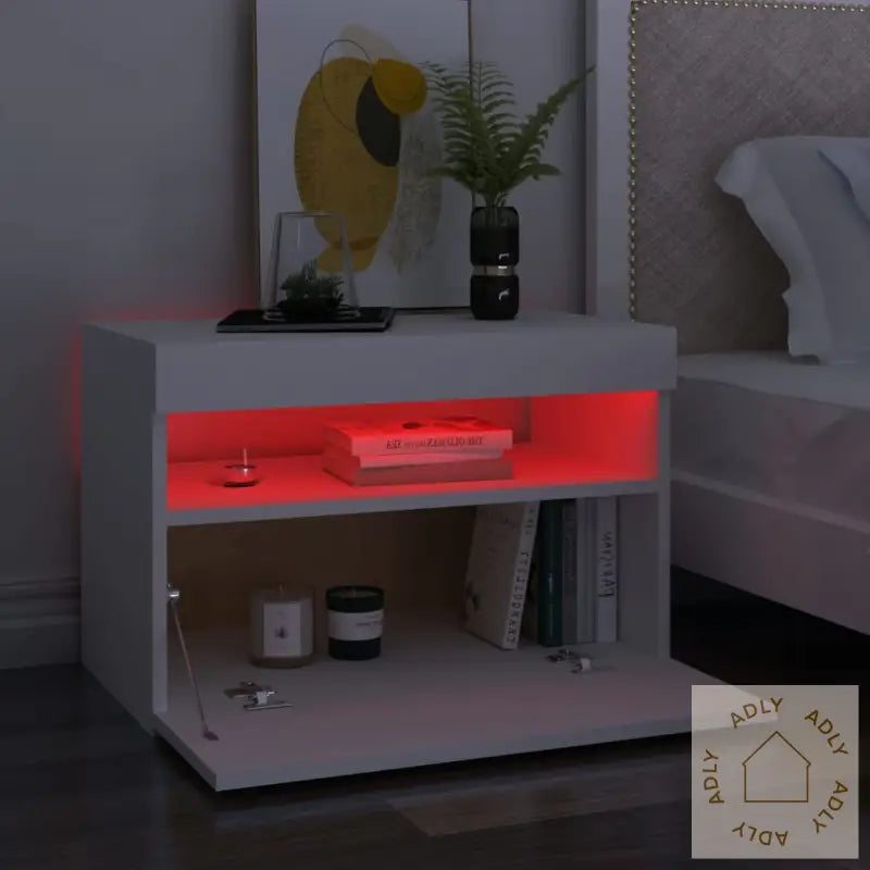 Nattbord Med Led-Lys 2 Stk Hvit 60X35X40 Cm Konstruert Tre