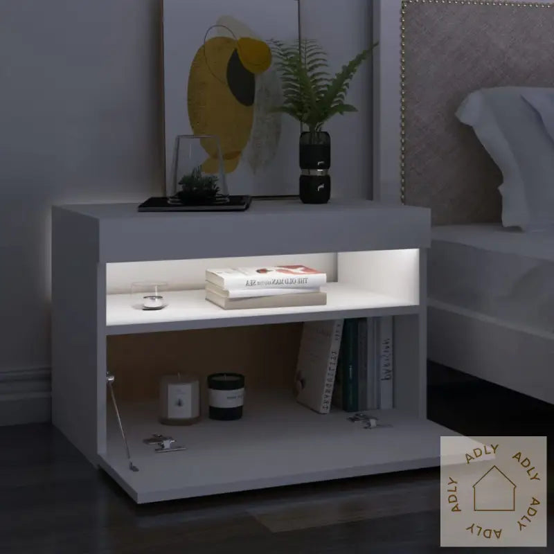 Nattbord Med Led-Lys 2 Stk Hvit 60X35X40 Cm Konstruert Tre
