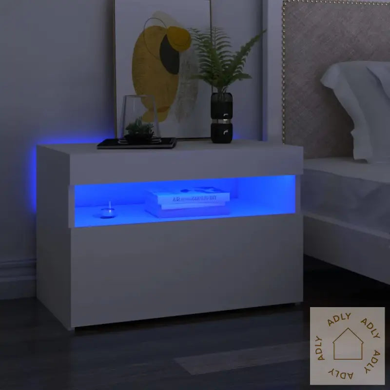 Nattbord Med Led-Lys Hvit 60X35X40 Cm Konstruert Tre