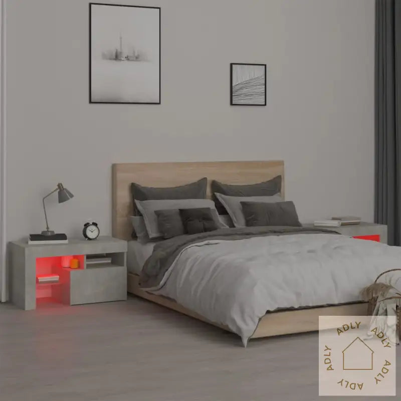 Nattbord 2 Stk Med Led Betonggrå 70X36,5X40 Cm