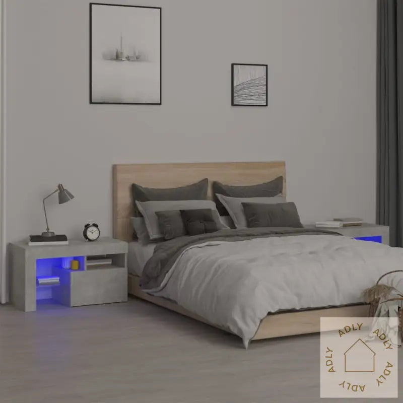 Nattbord 2 Stk Med Led Betonggrå 70X36,5X40 Cm