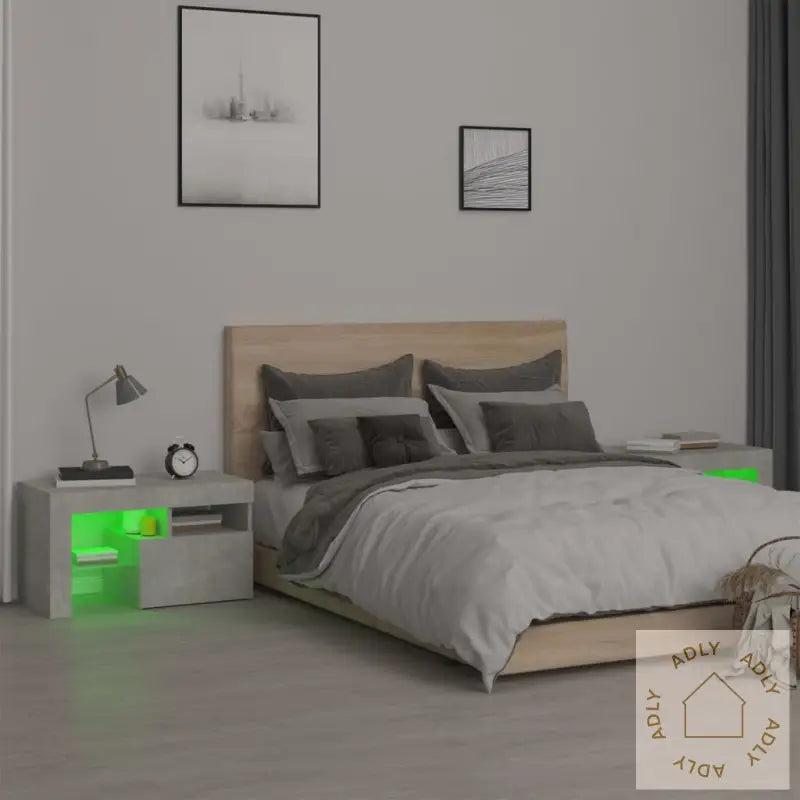 Nattbord 2 Stk Med Led Betonggrå 70X36,5X40 Cm