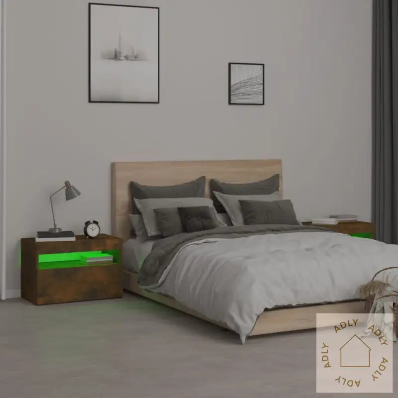Nattbord 2 Stk Med Led Røkt Eik 60X35X40 Cm