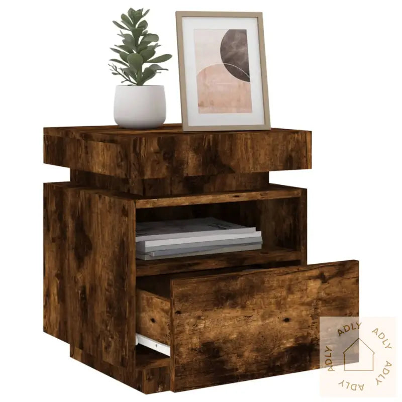 Nattbord Med Led Røkt Eik 40X39X48,5 Cm