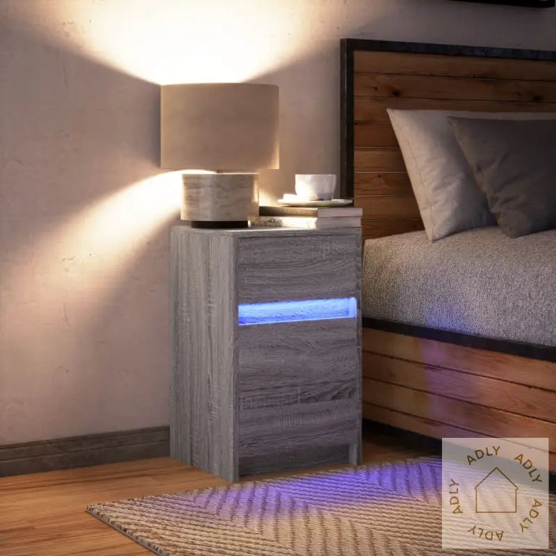 Nattbord Med Led Grå Sonoma Konstruert Tre