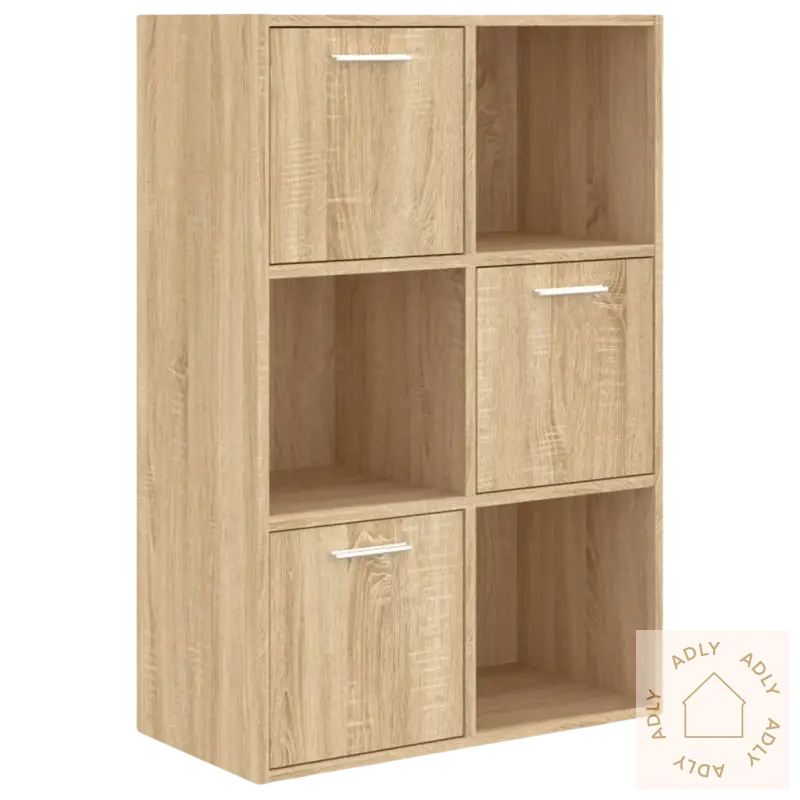 Wooden sonoma eik storage unit med åpne kuber og lukkede rom for oppbevaring