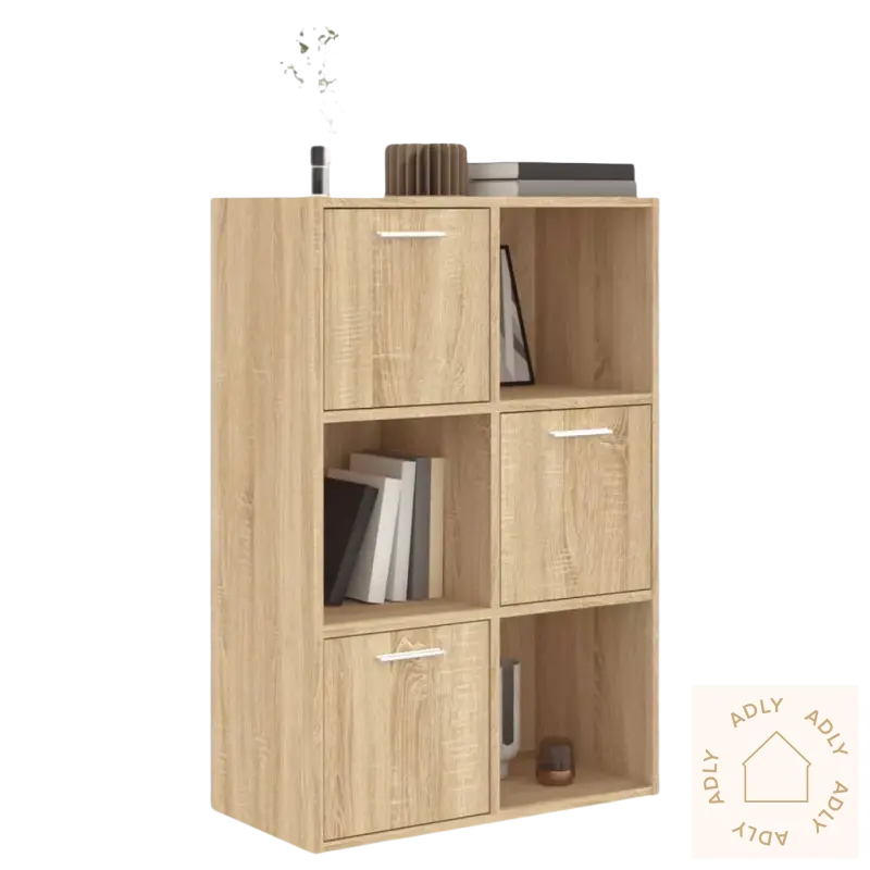 Wooden sonoma eik bokhylle med åpne kuber og lukkede rom for laget oppbevaring