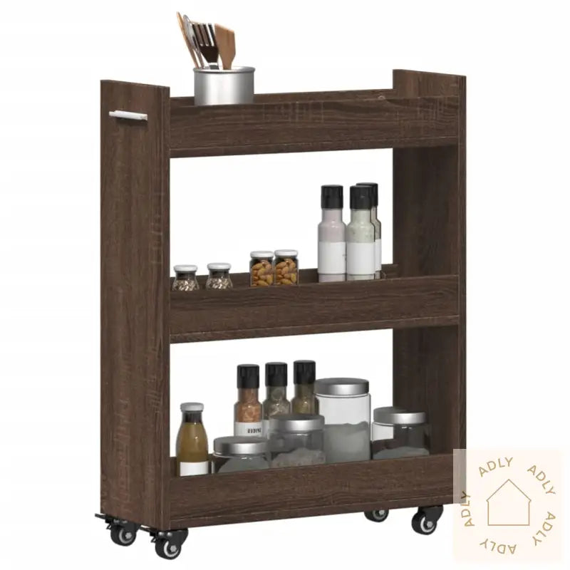 Sidebord Med Hjul Brun Eik 60X22X79 Cm Konstruert Tre